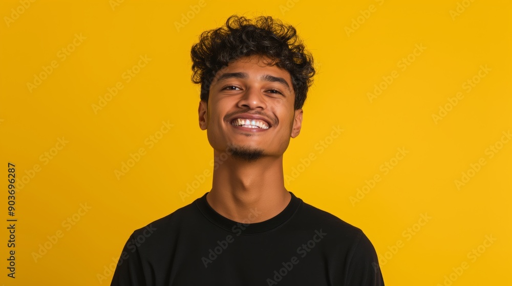 Fototapeta premium A man with a black shirt and curly hair is smiling at the camera. The image has a bright and cheerful mood, as the man's smile and the yellow background create a positive atmosphere