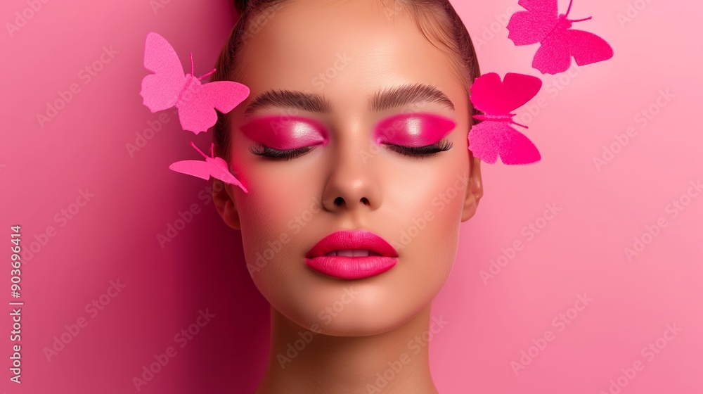 A woman with pink makeup and butterflies on her face A woman with pink makeup and butterflies on her face