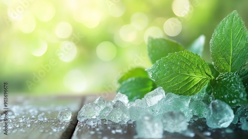 A close-up shot of menthol crystals and fresh green leaves arranged on a wooden table.
