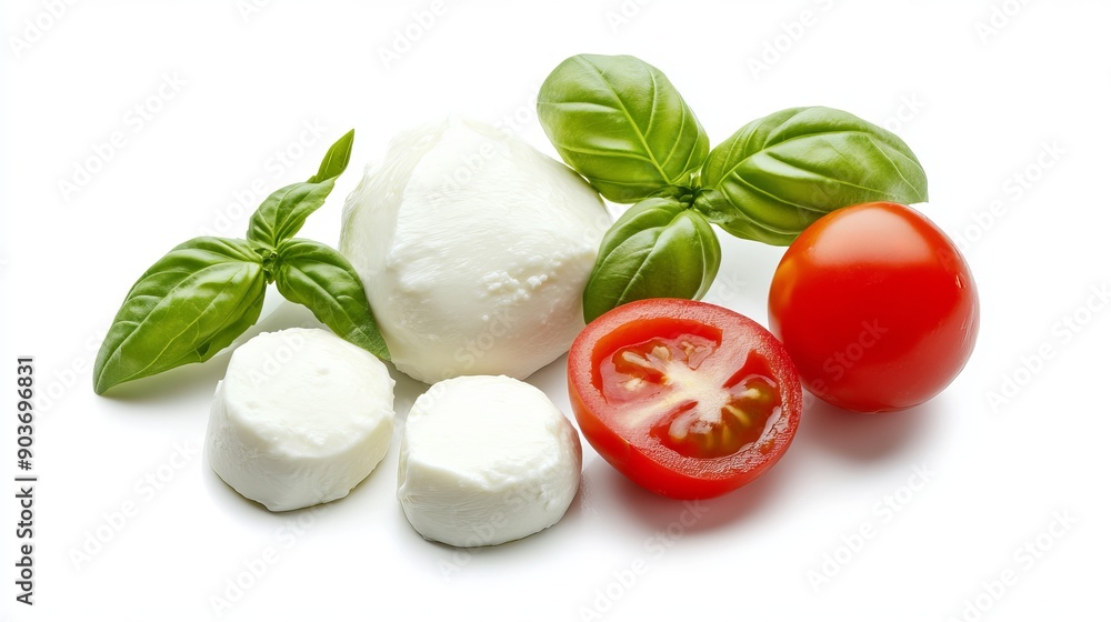 A fresh, inviting arrangement of mozzarella cheese and basil leaves isolated on a white background. A fresh, inviting arrangement of mozzarella cheese and basil leaves isolated on a white background.