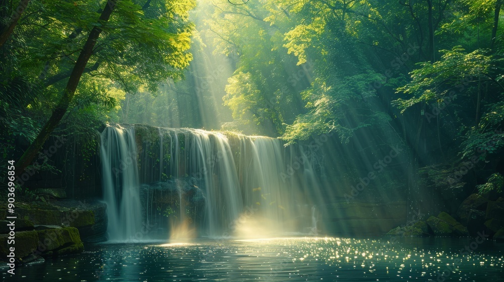 A serene waterfall in a tranquil forest, with sunlight filtering through the trees and illuminating the water A serene waterfall in a tranquil forest, with sunlight filtering through the trees and illuminating the water
