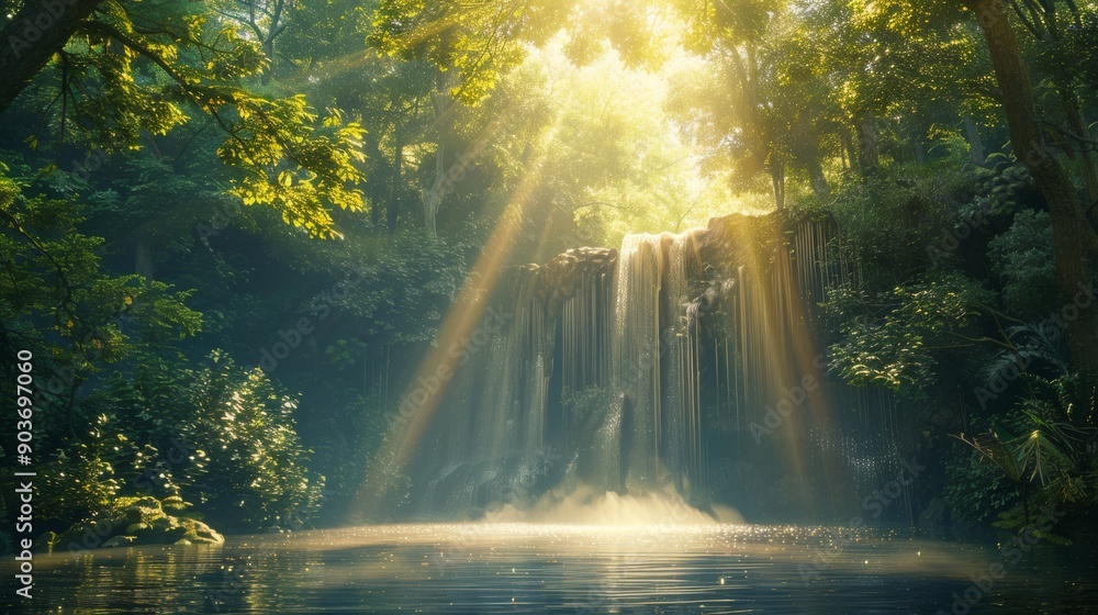 A serene waterfall in a tranquil forest, with sunlight filtering through the trees and illuminating the water A serene waterfall in a tranquil forest, with sunlight filtering through the trees and illuminating the water