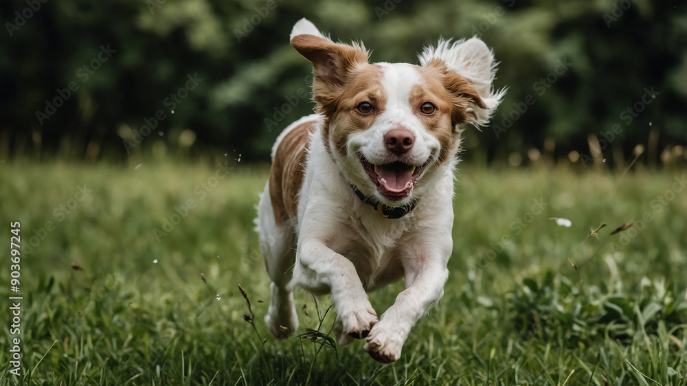 A joyful dog runs through a sunlit meadow, full of energy and happiness, capturing the essence of freedom. A joyful dog runs through a sunlit meadow, full of energy and happiness, capturing the essence of freedom.