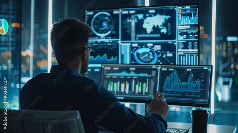 An analyst uses a computer and dashboard for data business analysis and a Data Management System An analyst uses a computer and dashboard for data business analysis and a Data Management System