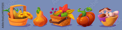 Autumn rural harvest in wicker basket and wooden plate - ripe pumpkins and carrot, apple and corn, mushrooms, flower and fall colorful leaves. Cartoon vector set of fruit and vegetables crop.