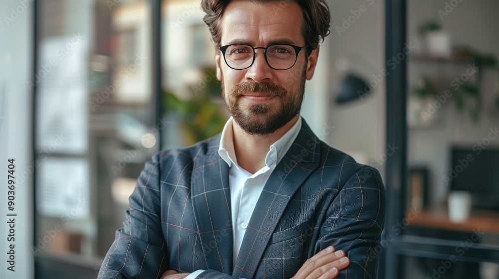 A young businessman arm cross standing in the office A young businessman arm cross standing in the office
