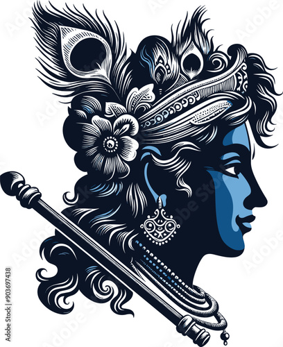 Adobe Illustrator Artwork vector illustration of Lord Krishna's face with bansuri, peacock feather and  traditional features for Janmashtami
