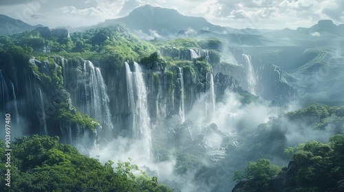 A dramatic waterfall cascading over a steep cliff, with mist rising up and creating a magical, ethereal atmosphere