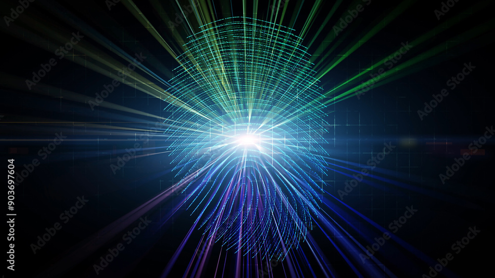 Touch identity fingerprint illustration. Futuristic shining digital artificial intelligence processing of the biometric scanner.	