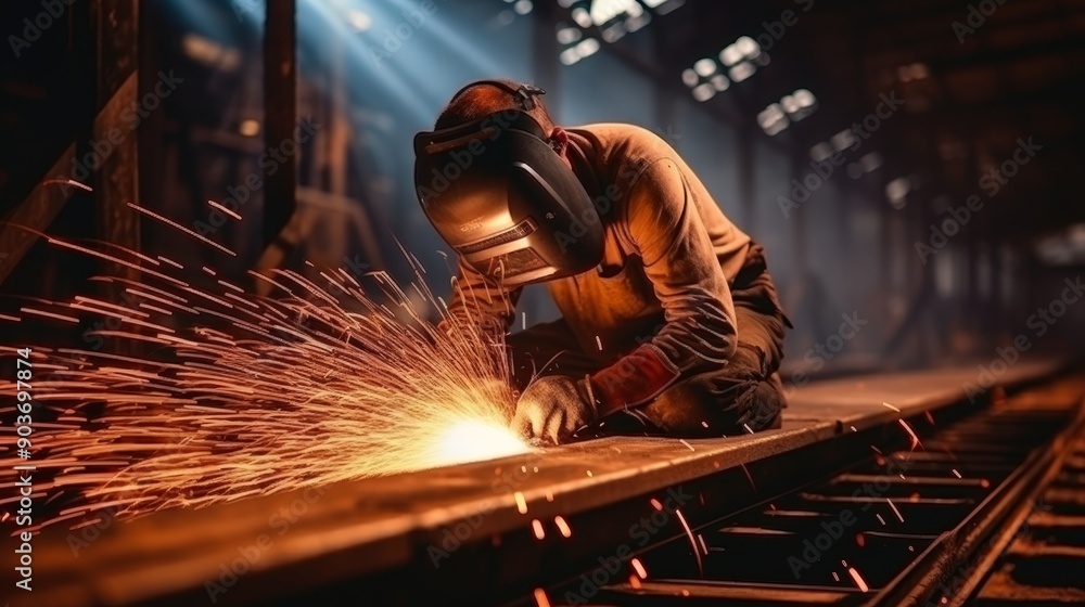 Precision steel welding factory worker operating machinery with sparks on metal Precision steel welding factory worker operating machinery with sparks on metal