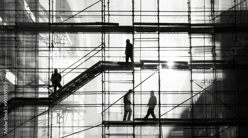 Construction workers on a scaffolding at a building site