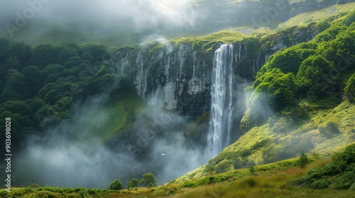 A dramatic waterfall cascading over a steep cliff, with mist rising up and creating a magical, ethereal atmosphere