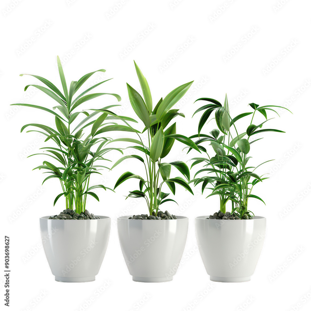 Three Green Potted Plants in White Ceramic Pots Isolated on White Background Studio Shot Three Green Potted Plants in White Ceramic Pots Isolated on White Background Studio Shot