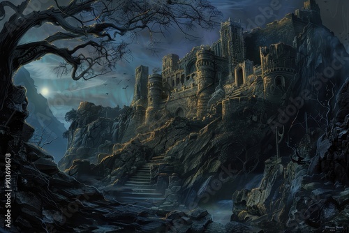 Ancient castle ruins under the moonlight with bats flying around