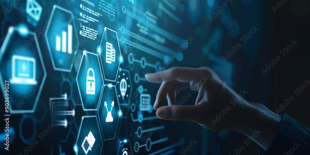 A closeup portrait depicts a hand engaged with a hightech digital interface, showcasing cybersecurity symbols and analytics. This image highlights technology and network security concepts A closeup portrait depicts a hand engaged with a hightech digital interface, showcasing cybersecurity symbols and analytics. This image highlights technology and network security concepts