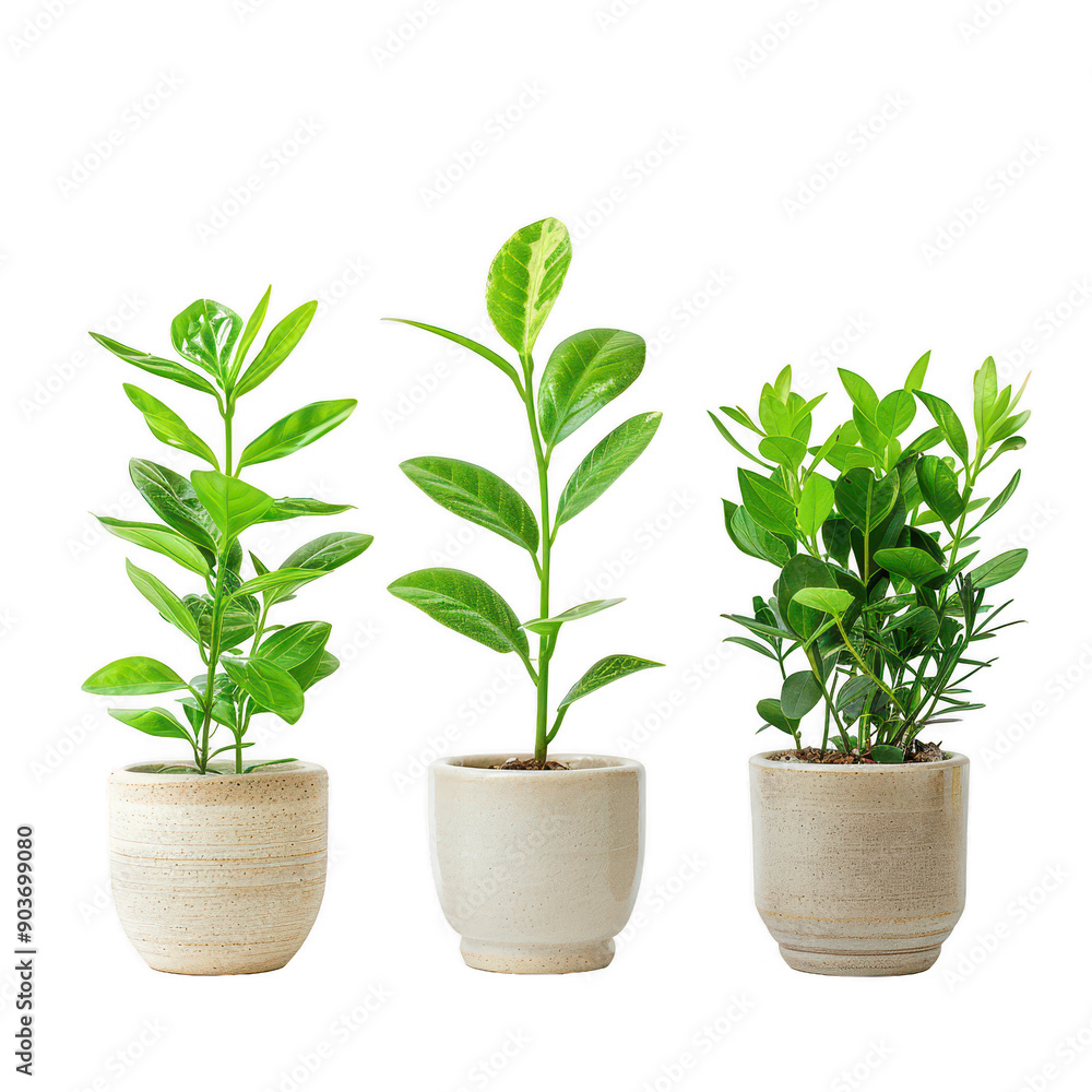 Three Green Potted Plants on White Background Reflecting Nature Indoors v Three Green Potted Plants on White Background Reflecting Nature Indoors v