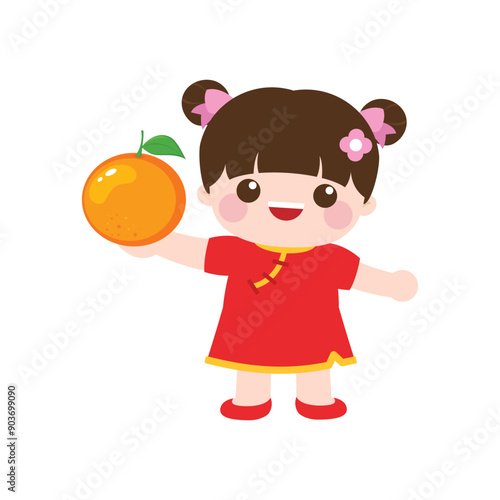 Cute girl holding mandarin fruit to celebrate Chinese new year
