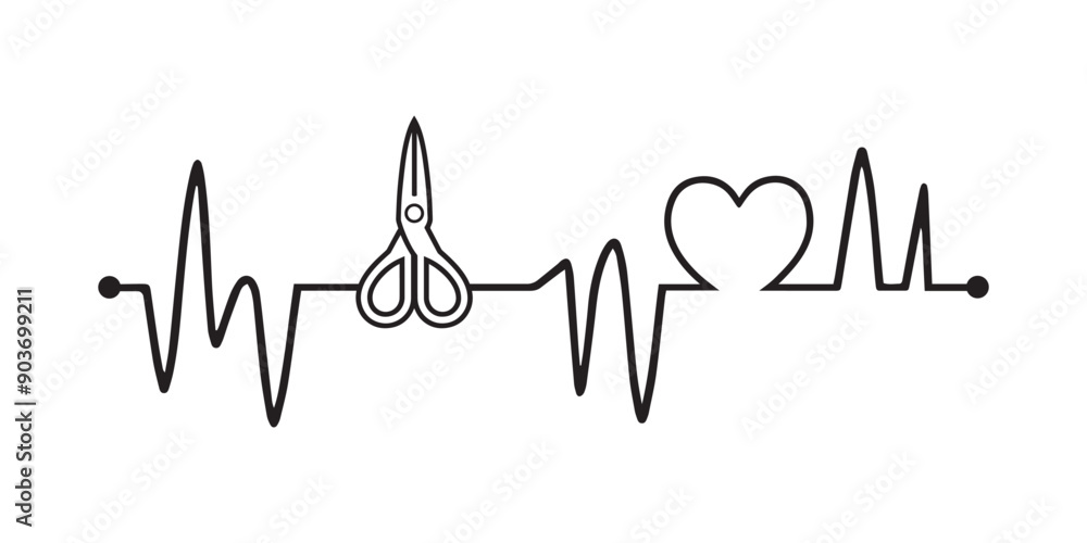 Fototapeta premium Heartbeat line with Scissors silhouette, Scissors and Heartbeat frequency with Heart Love illustration