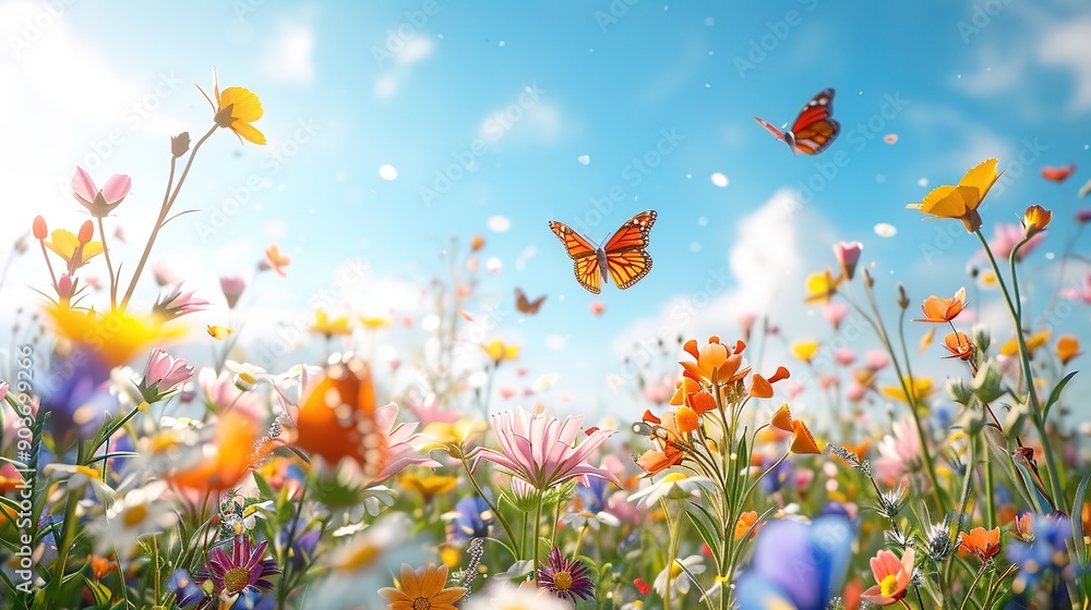 Butterflies Dance Above a Blooming Meadow: A vibrant meadow bursts with colorful wildflowers as monarch butterflies flutter under a bright blue sky, embodying the beauty and joy of nature. Butterflies Dance Above a Blooming Meadow: A vibrant meadow bursts with colorful wildflowers as monarch butterflies flutter under a bright blue sky, embodying the beauty and joy of nature.