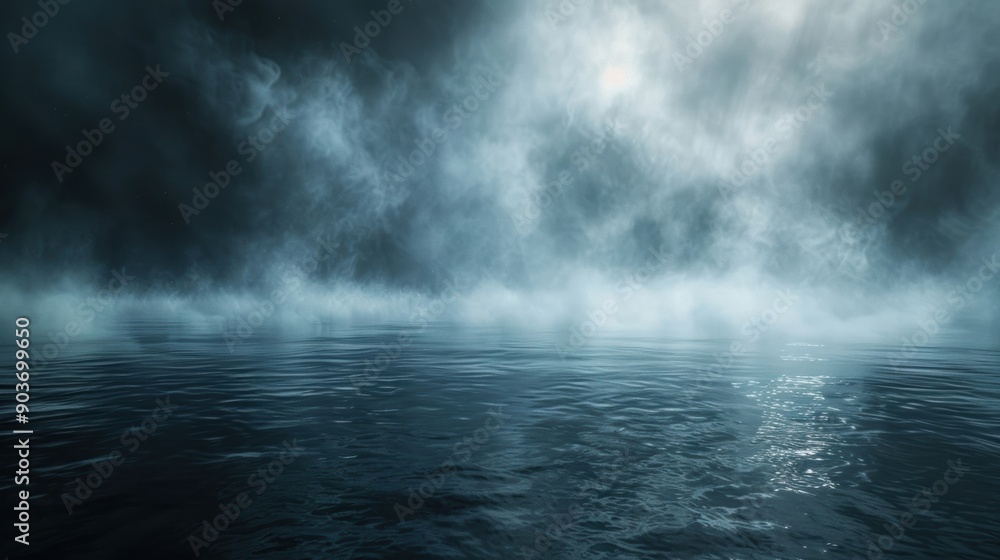 Eerie fog over calm waters at night, creating a mysterious and tranquil atmosphere with soft light reflections. Eerie fog over calm waters at night, creating a mysterious and tranquil atmosphere with soft light reflections.
