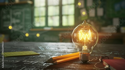 Education and school theme with a light bulb and a pencil photo