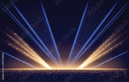 Dark blue stage with golden spotlight lines and glitter texture for award ceremony design. Realistic 3d abstract premium elegant glamour background template for anniversary or winner rewarding.