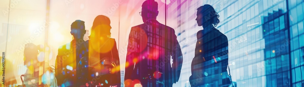 Silhouettes of four people walking in a city setting, with colorful lights reflecting off the building windows behind them. Silhouettes of four people walking in a city setting, with colorful lights reflecting off the building windows behind them.