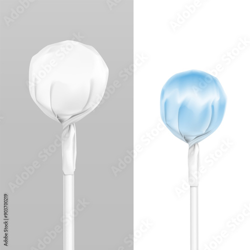 A lollipop hard candy on a stick twist wrap mockup . Vector illustration isolated on white and grey background. Ready for your design. EPS10.