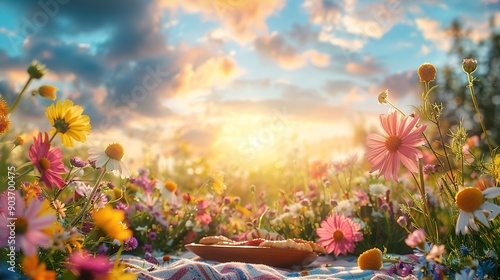 Fototapeta Naklejka Na Ścianę i Meble -  Golden Hour Picnic: A serene sunset bathes a vibrant wildflower meadow in golden light, a picnic basket invitingly set for two amidst the colorful blooms. 