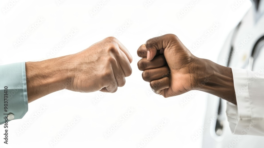 Fototapeta premium Close-up of a doctor and patient fist bumping in a hospital, celebrating recovery milestones isolated white background 