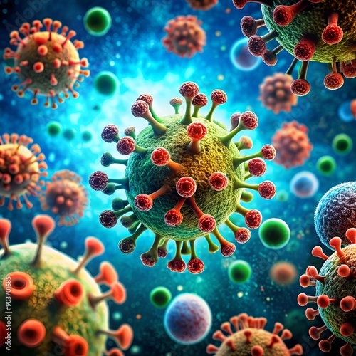 Colorful 3D illustration of various virus particles against a dark background