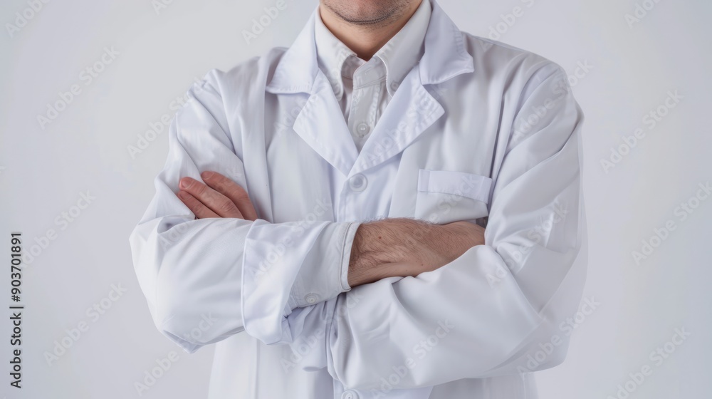 Close-up of a scientist with crossed arms, presenting research findings at a conference isolated white background Close-up of a scientist with crossed arms, presenting research findings at a conference isolated white background