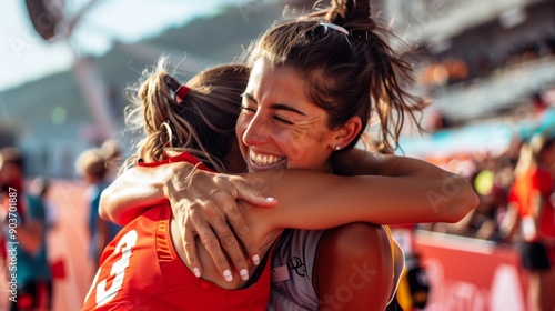 Two sport team players hug and congratulate each other with winning the game