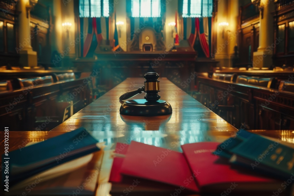Jurors with flag badges in courtroom. Deliberation over podiums with patriotic symbols. Plain white background with soft light. Jurors with flag badges in courtroom. Deliberation over podiums with patriotic symbols. Plain white background with soft light.