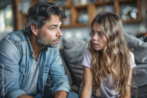 A man and his daughter are talking, the girl looks at the man with a worried expression.