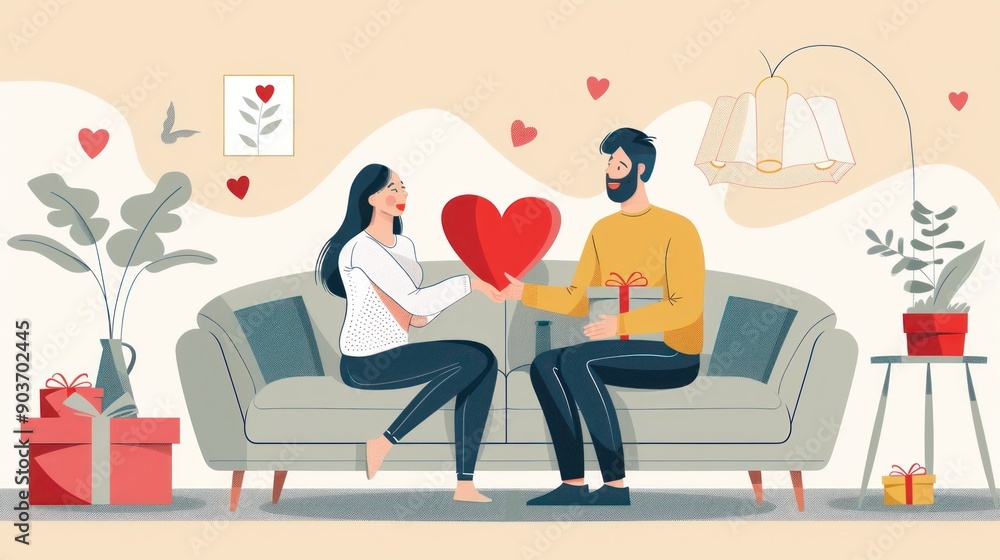 Happy Valentine's Day. Young couple in love exchanging gifts while sitting on the sofa in the living room at home. A man giving a heart-shaped gift box to his beloved woman Happy Valentine's Day. Young couple in love exchanging gifts while sitting on the sofa in the living room at home. A man giving a heart-shaped gift box to his beloved woman