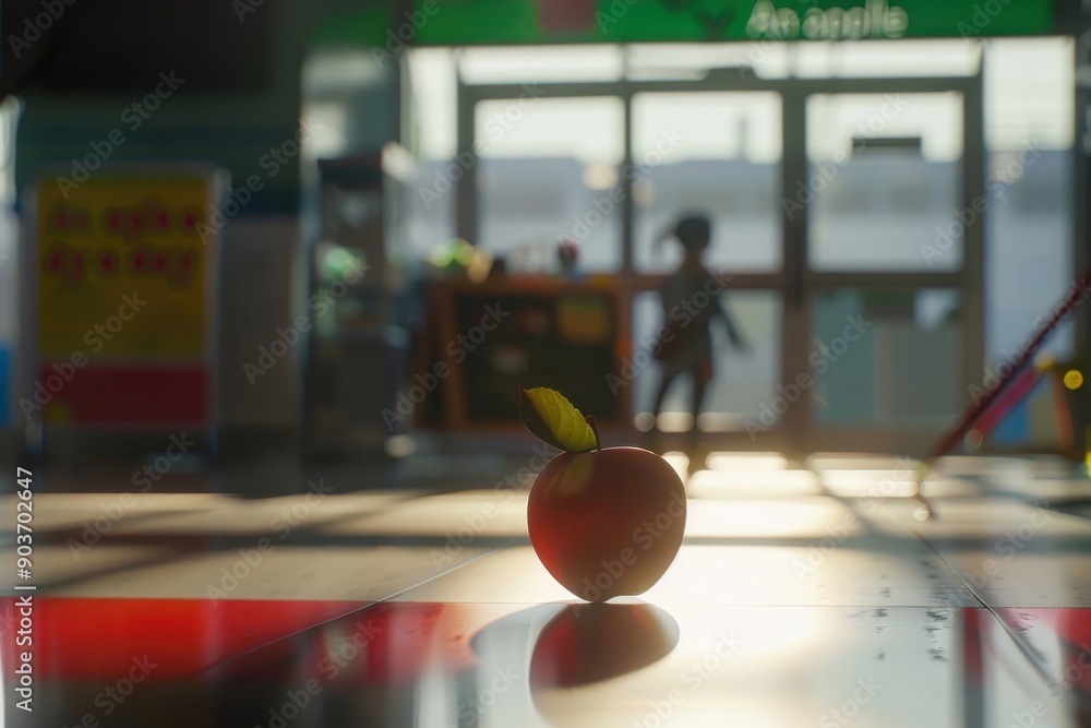 Lone apple in foreground with distant doctor, minimalist style. Clean lines and shapes emphasize Lone apple in foreground with distant doctor, minimalist style. Clean lines and shapes emphasize