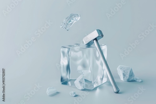 Hammer cracking ice block, minimalist style. Abstract, cold shapes emphasize 