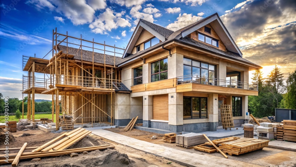 Obraz premium A contemporary construction site showcasing the detailed home building process, with a focus on highlighting various home security measures.