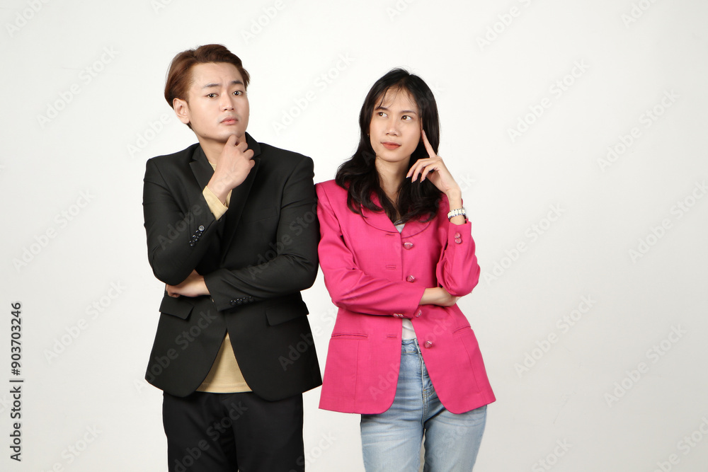 portrait of pensive asian Indonesian business man and woman with thinking gesture on isolated background portrait of pensive asian Indonesian business man and woman with thinking gesture on isolated background