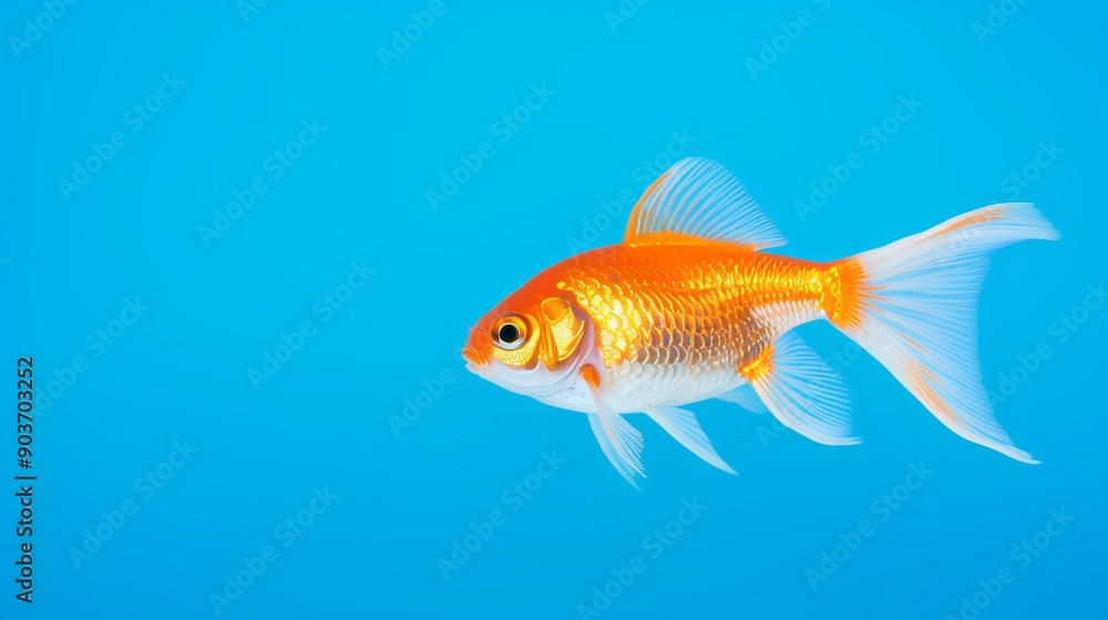 Naklejka premium Tranquil underwater scene with single orange and white goldfish swimming in clear blue water