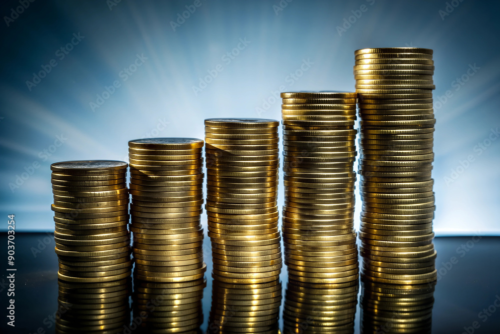 Stacks of gold coins on the table Stacks of gold coins on the table