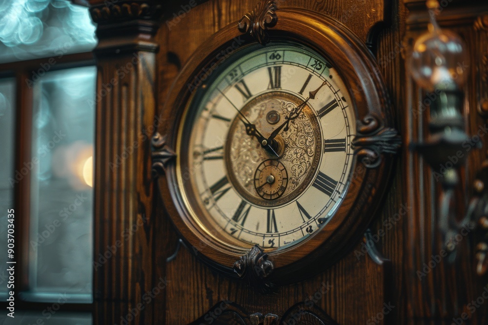 An old-fashioned wall clock with pendulum movement and chimes, marking time in traditional elegance An old-fashioned wall clock with pendulum movement and chimes, marking time in traditional elegance