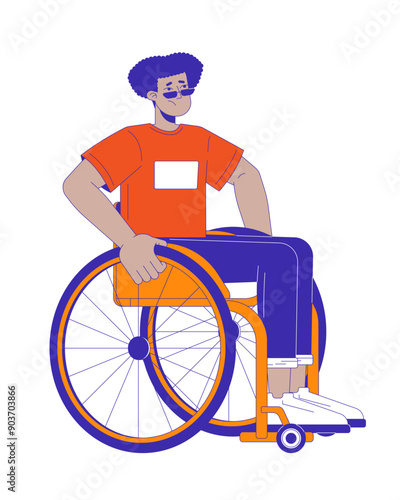Wheelchair man latin american young adult 2D cartoon character. Disappointed disabled male isolated flat vector person white background. Stressed disability physical barriers color spot illustration