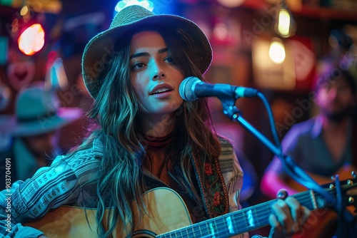 Young woman playing acoustic guitar and singing into microphone on stage with band photo