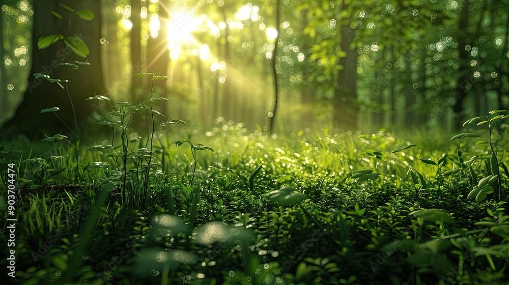 Lush Green Forest Canopy
Close-up of sunlit ferns in a forest, with dewdrops glistening on the leaves. Lush Green Forest Canopy
Close-up of sunlit ferns in a forest, with dewdrops glistening on the leaves.