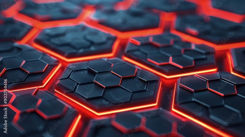 Explore glowing hexagonal patterns and digital lines, embodying modern tech on a sleek dark backdrop with ample space. Explore glowing hexagonal patterns and digital lines, embodying modern tech on a sleek dark backdrop with ample space.