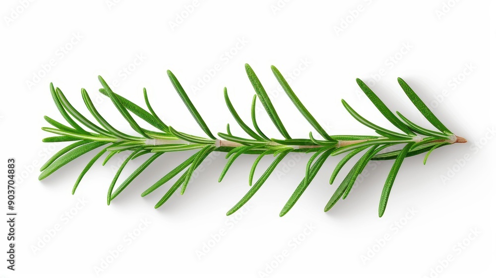 Fototapeta premium Delicate rosemary twig, fresh and green, isolated on white. This botanical illustration highlights its natural beauty.
