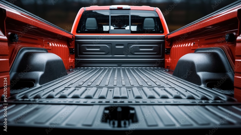 Interior view of a red pickup truck bed with a black liner. The empty truck bed showcases the texture and spaciousness suitable for cargo transport. Interior view of a red pickup truck bed with a black liner. The empty truck bed showcases the texture and spaciousness suitable for cargo transport.