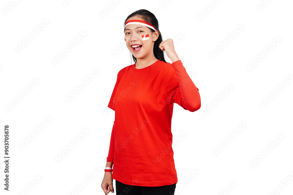 An excited Indonesian woman celebrating Indonesia's independence day standing while raising her fist isolated transparent An excited Indonesian woman celebrating Indonesia's independence day standing while raising her fist isolated transparent